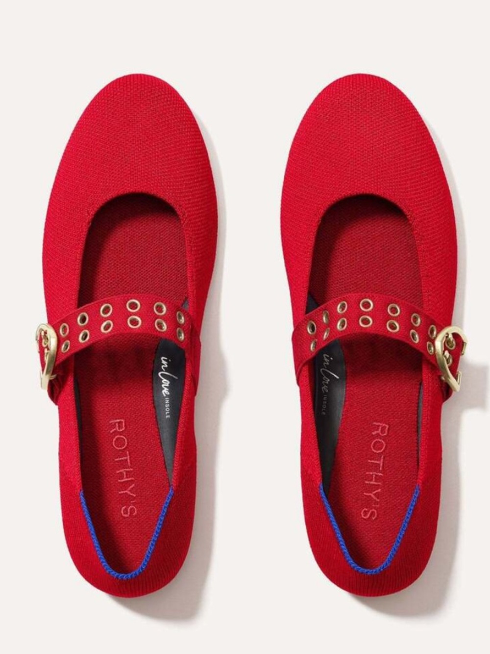 Rothy's Red Ballet Mary Jane Flats with Gold Buckle Accents